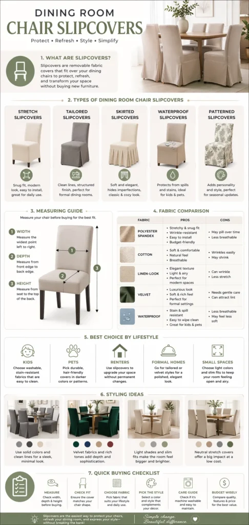 Dining room chair slipcovers infographic showing types, fabric options, measuring guide, styling ideas, and buying tips for a better fit and protection.