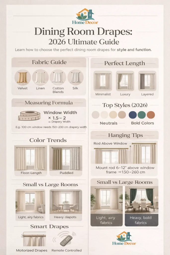 Dining room drapes infographic showing 2026 styles, fabrics, measuring guide, color trends, and hanging tips for modern interiors.