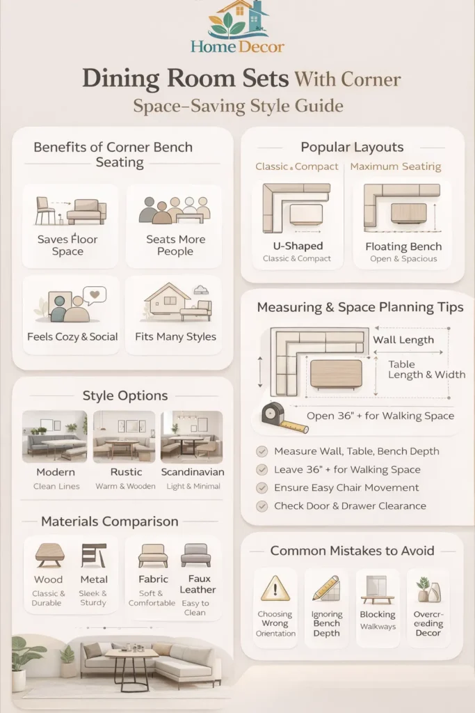 “Modern vertical infographic explaining dining room sets with corner bench seating, including layout ideas, space planning diagrams, style options, and materials in a clean neutral design.”