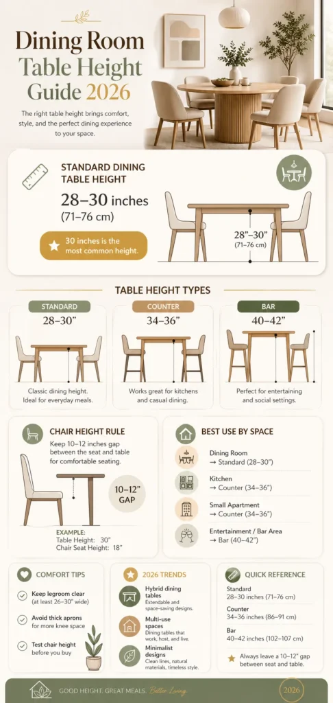 “Dining table height guide 2026 showing standard, counter, and bar heights with chair spacing tips.”