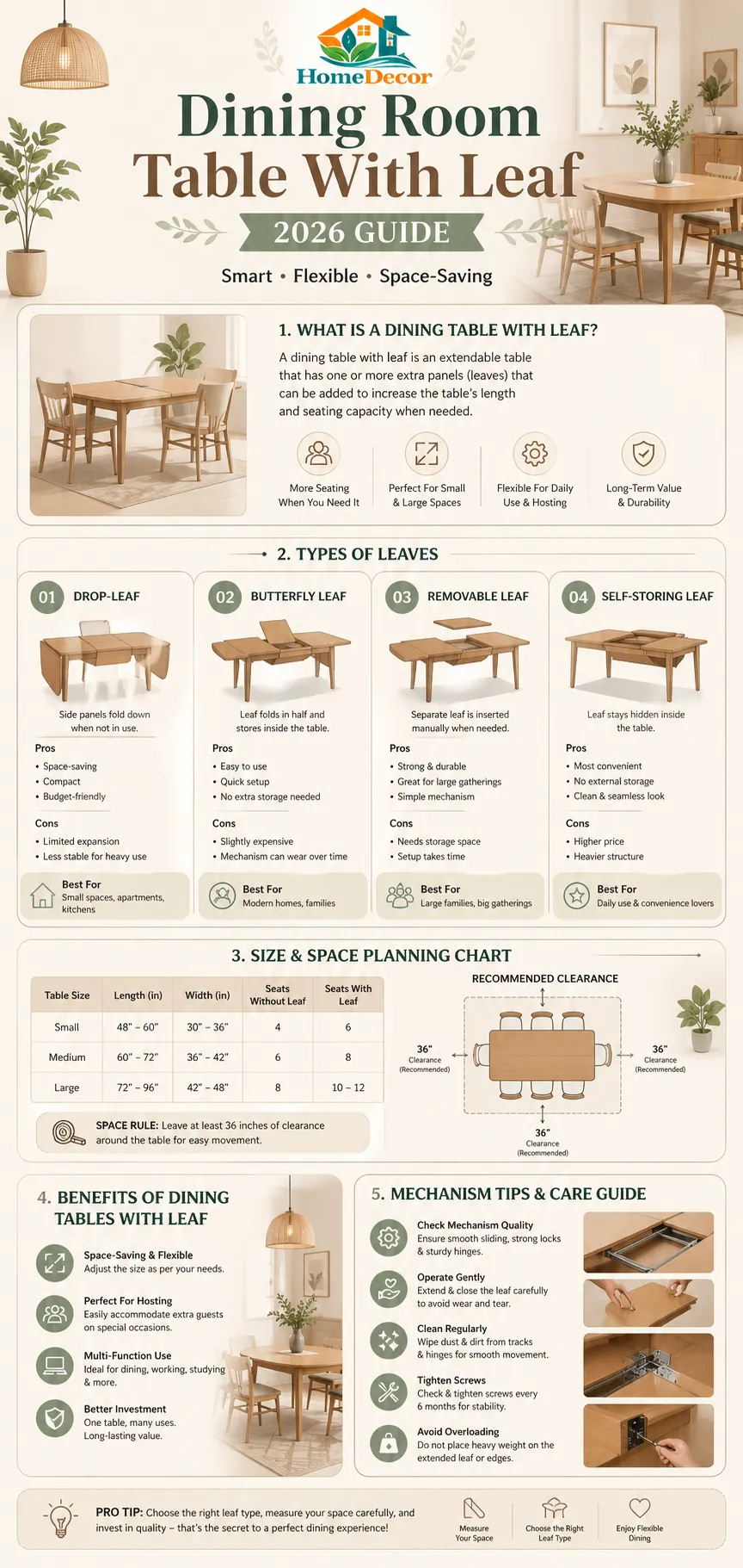 “Infographic explaining dining room tables with leaf extensions, including leaf types, sizes, mechanisms, and buying tips in a modern minimalist design.”
