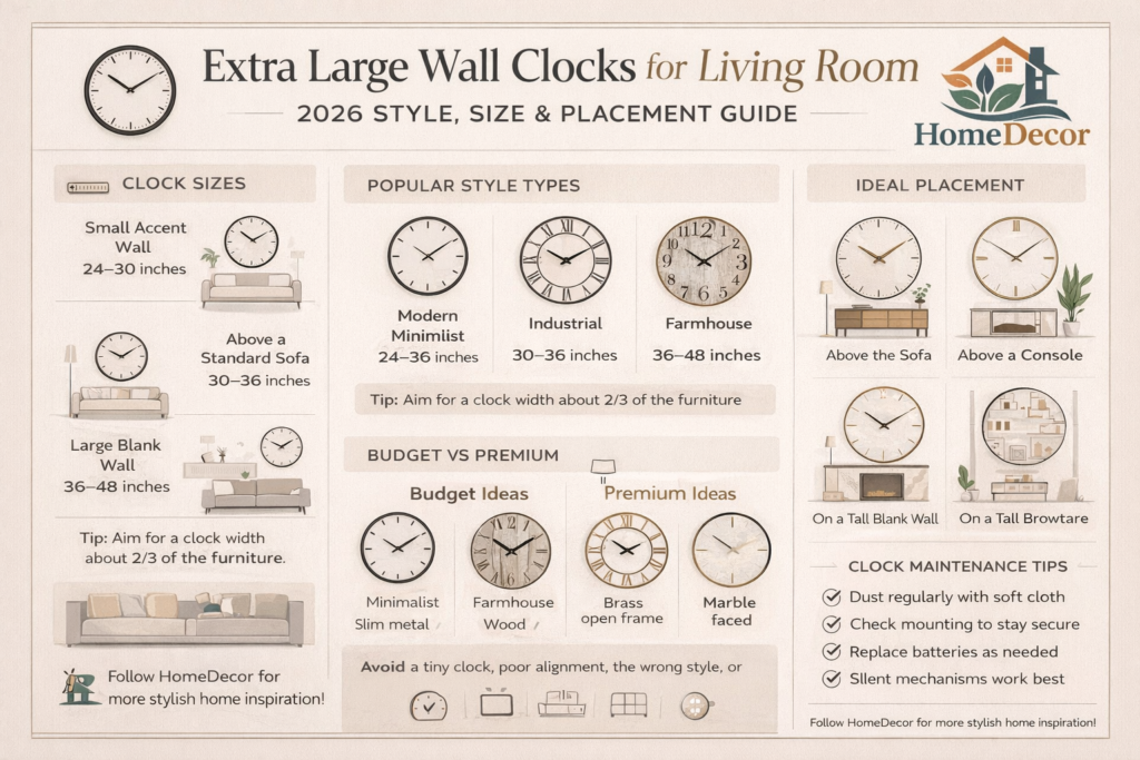 “Infographic showing extra-large wall clock guide for living room décor 2026, including sizes, styles, placement, budget, and premium tips.”
