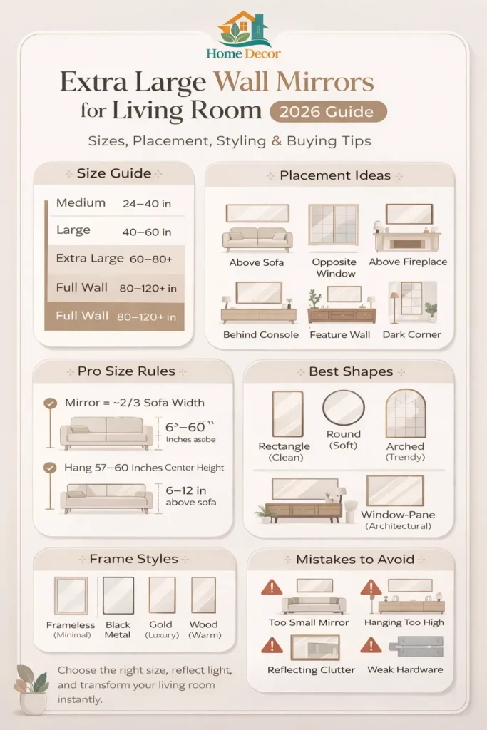 Extra-large wall mirrors for the living room infographic showing size guide, placement ideas, styling tips, shapes, frames, and common mistakes for modern homes.