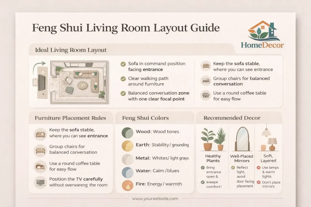 “Feng Shui living room layout guide infographic showing ideal furniture placement, colors, decor tips, and do’s and don’ts for balance and harmony.”
