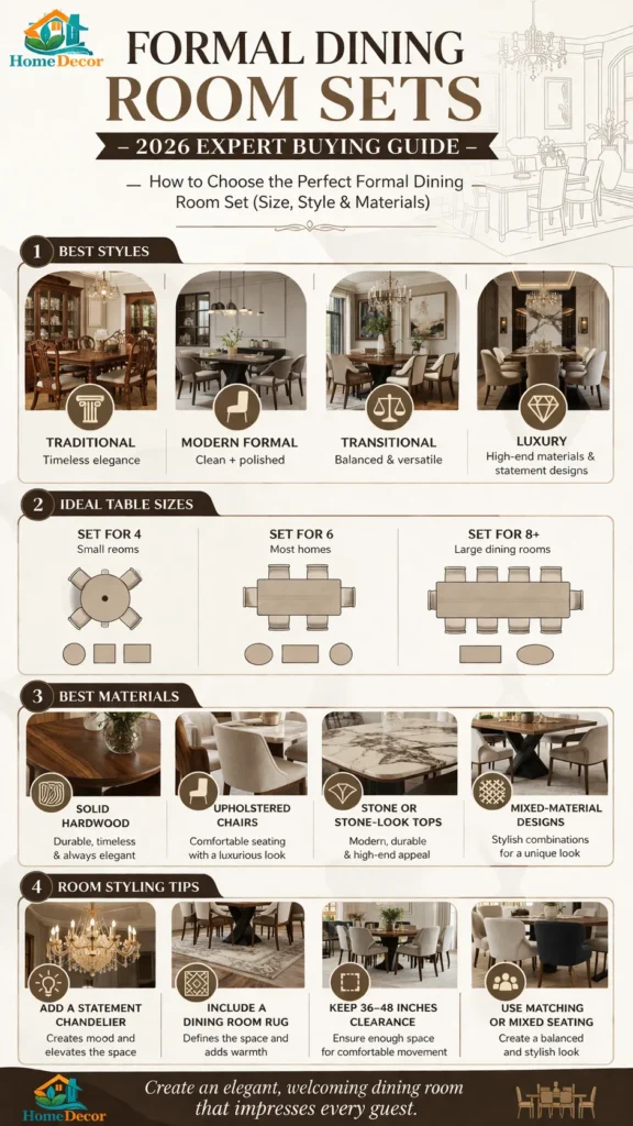  “Infographic showing how to choose formal dining room sets, including best styles, table sizes, materials, and styling tips for an elegant 2026 dining room.”