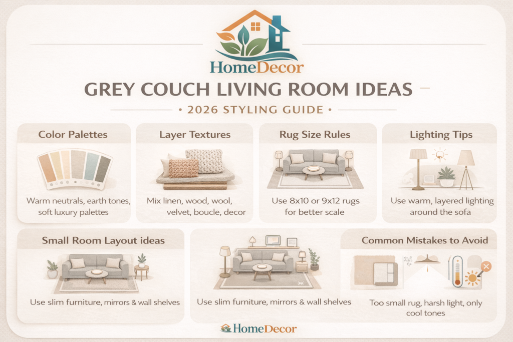 “Infographic showing modern grey couch living room ideas with 2026 color palettes, texture layering tips, rug size rules, lighting guidance, and layout suggestions in a warm minimalist design.”