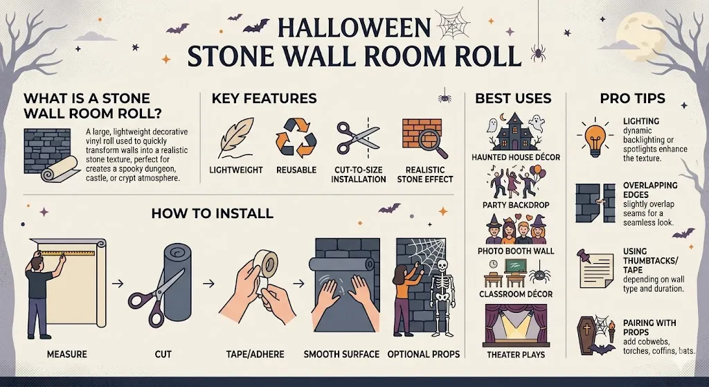 “Minimal Halloween infographic explaining what a stone wall room roll is, its features, installation steps, best uses, and decorating tips.”