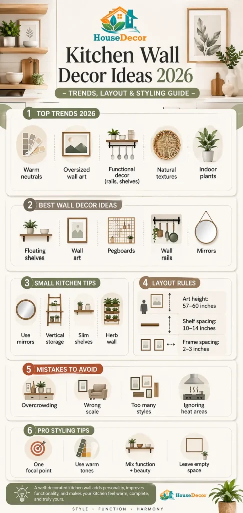 Kitchen wall decor ideas 2026 infographic showing trends, small kitchen tips, layout rules, and modern styling ideas.