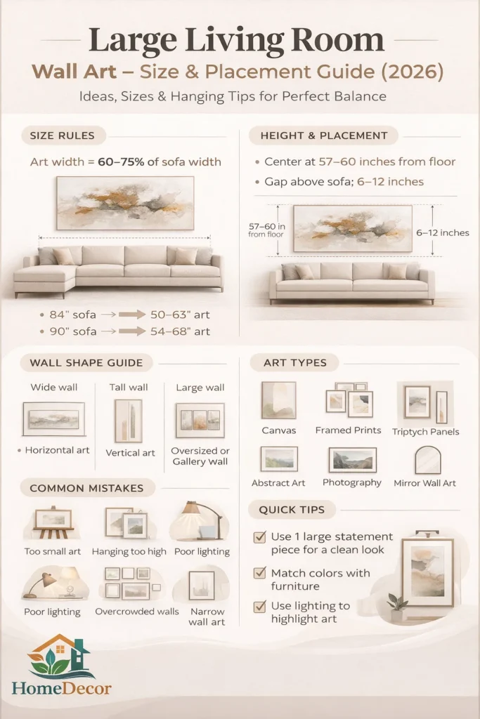 Large living room wall art size and placement guide showing sofa proportions, ideal hanging height, spacing rules, and layout ideas.