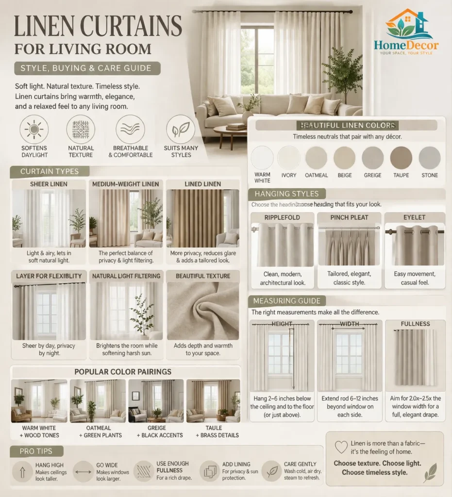 “Infographic showing types, colors, and hanging styles of linen curtains for living rooms with tips on layering, measurements, and light control.”