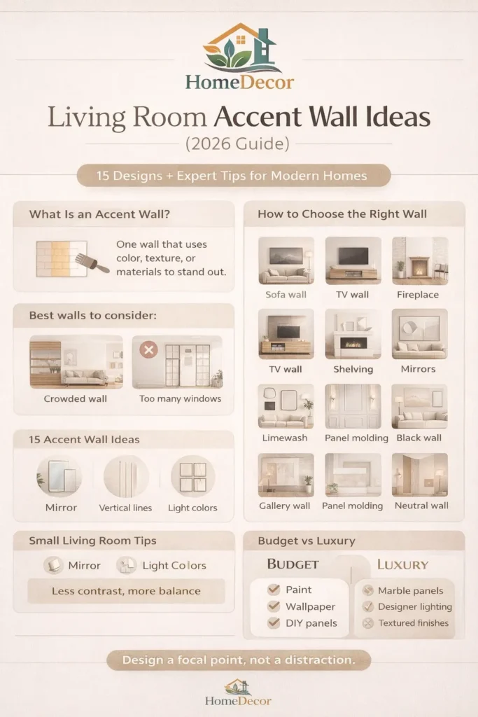 Living room accent wall ideas infographic showing 15 modern designs, including paint, wood slats, wallpaper, and lighting tips for 2026 homes.
