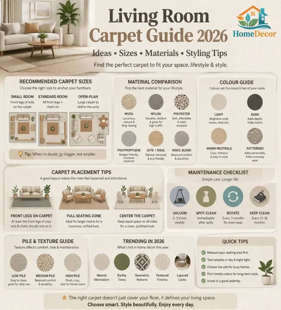 “Modern infographic showing a Living Room Carpet Guide with size recommendations, material comparison, colour tips, placement rules, and maintenance checklist in a clean, minimalist design.”
