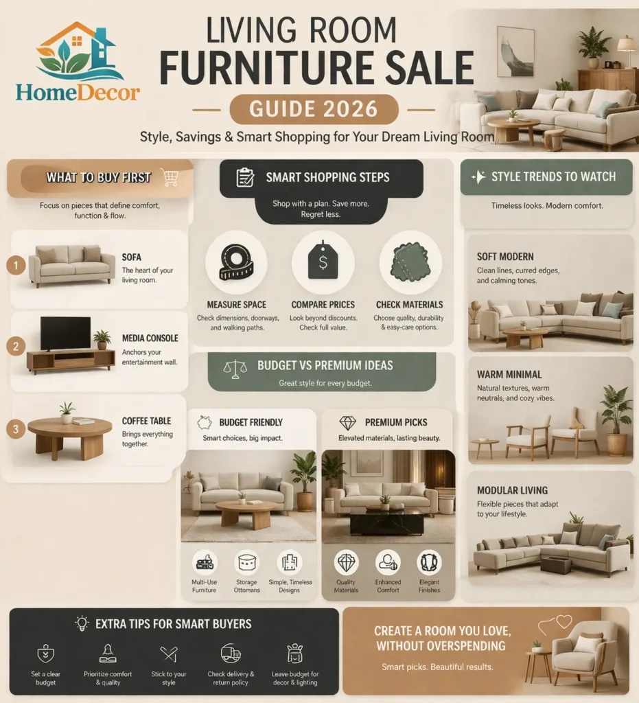  “2026 living room furniture sale infographic showing buying priorities, style trends, and smart shopping tips with modern home décor visuals.”