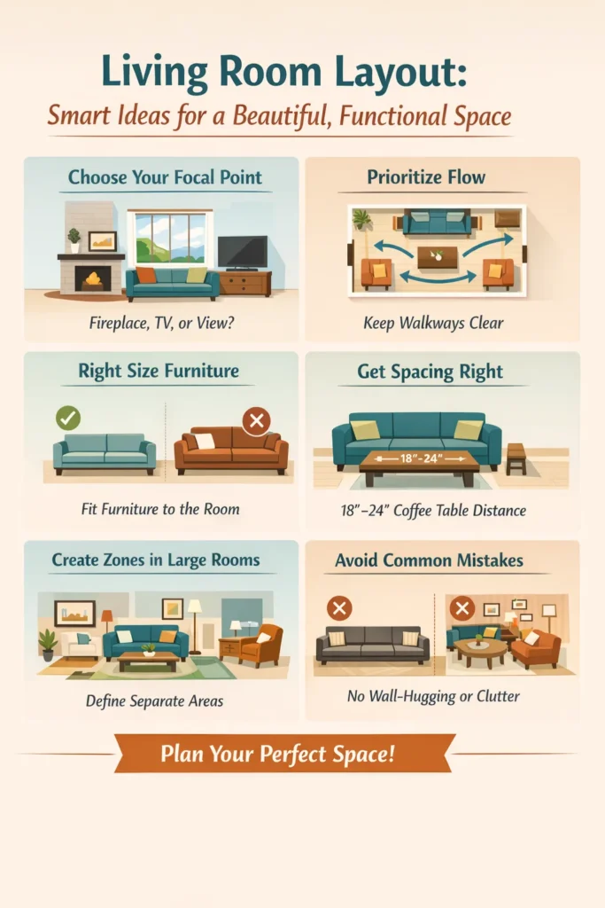  Living room layout infographic showing focal point, spacing, furniture size, and zoning tips.