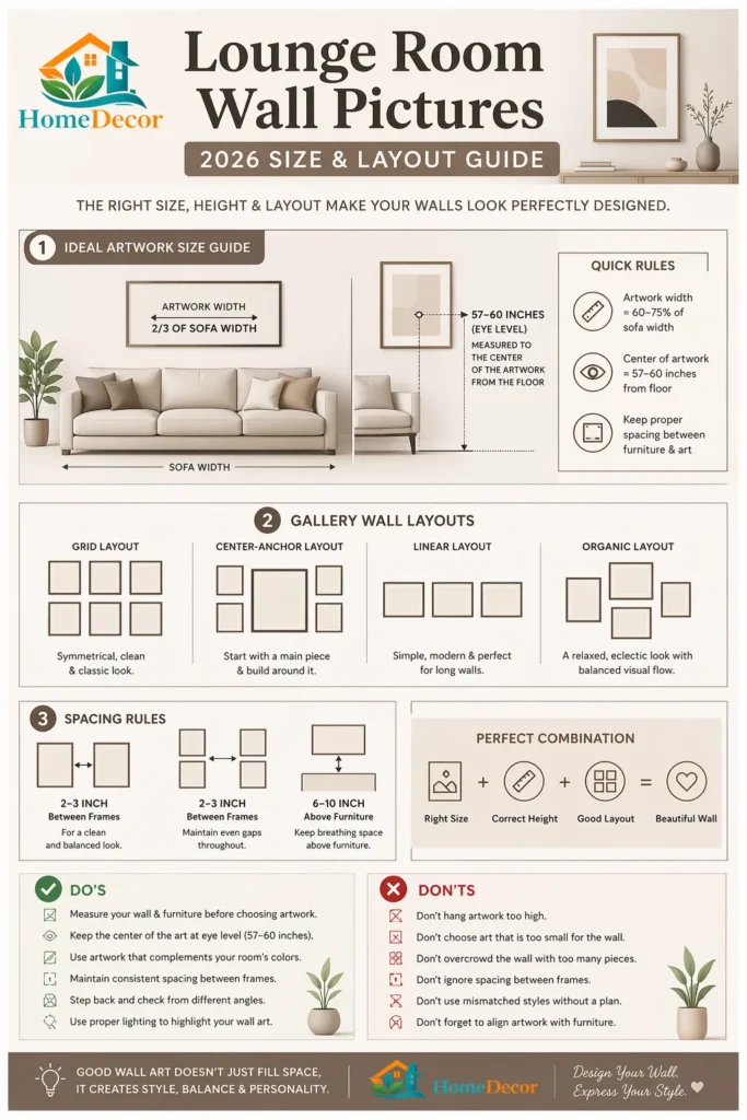 “2026 lounge room wall pictures infographic showing ideal artwork sizes, gallery wall layouts, and spacing rules in a clean minimalist design.”