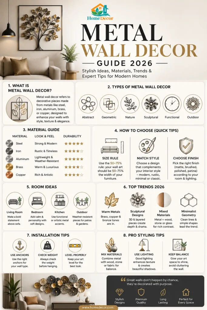“Metal Wall Decor Guide 2026 infographic with types, materials, trends, styling tips, installation tips, and room ideas.”