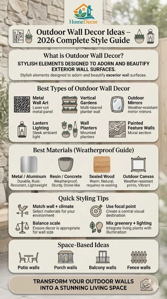 Outdoor wall decor ideas infographic showing metal art, vertical gardens, lighting, and weatherproof materials for patios, porches, balconies, and fences in 2026.
