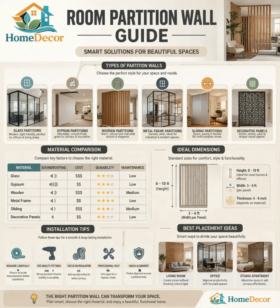 “Infographic showing modern room partition wall types, materials, installation tips, and placement ideas for home and office interiors.”
