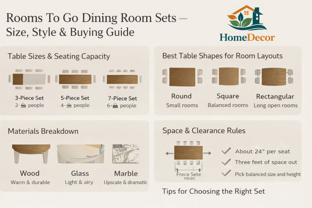 “Infographic guide explaining Rooms To Go dining room sets with table sizes, shapes, materials, and layout tips in a modern minimalist design.”
