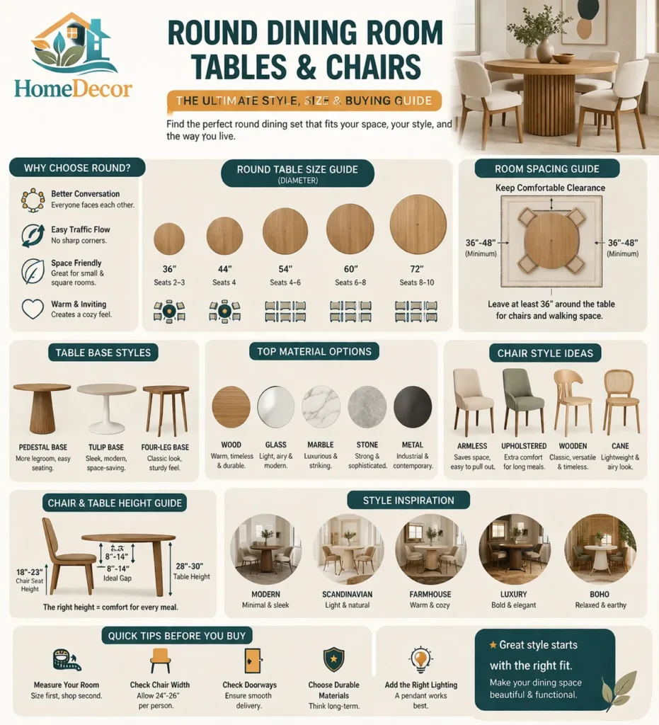 "Infographic showing round dining table sizes, seating capacity, ideal room spacing, and style options for modern dining rooms."