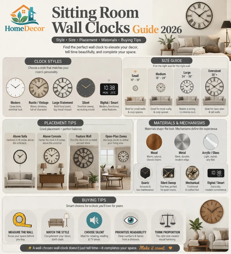 “Infographic titled ‘Sitting Room Wall Clocks Guide 2026’ showing clock styles, size recommendations, placement ideas, materials, mechanisms, and buying tips using modern neutral interior design graphics.”