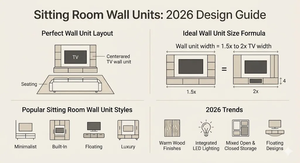 “Infographic of sitting room wall units showing layout ideas, ideal size formula, popular styles, and 2026 wall unit design trends in a modern neutral style.”