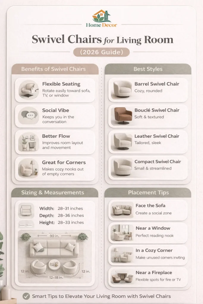 “Infographic showing swivel chair ideas, sizes, styles, and placement tips for living rooms.”
