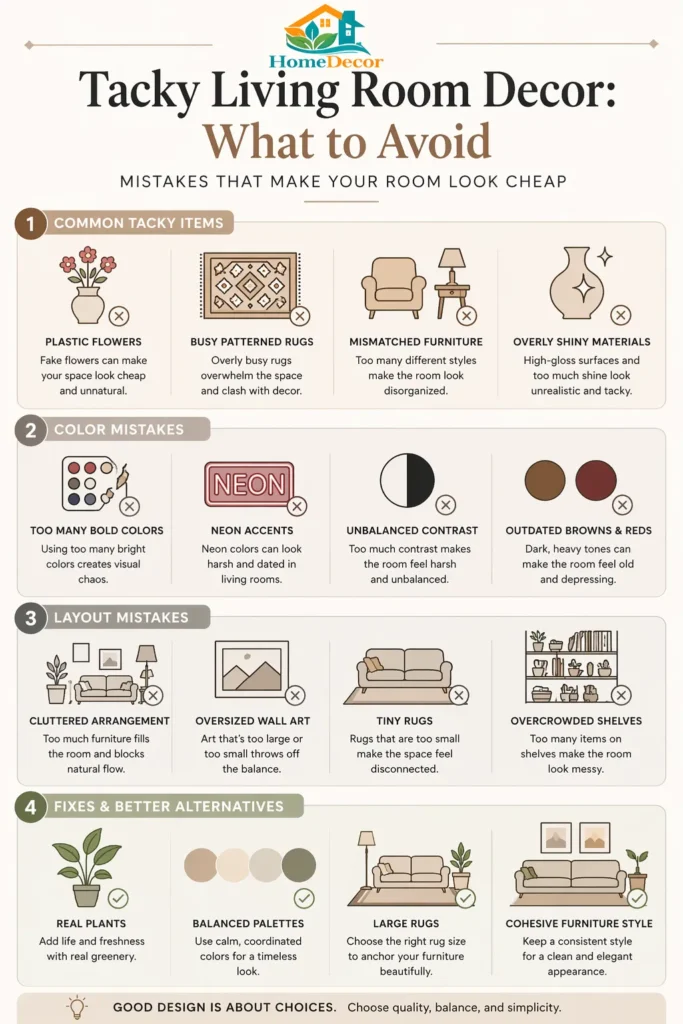 “Infographic explaining common tacky living room décor mistakes and modern alternatives with icons and a neutral minimalist design.”