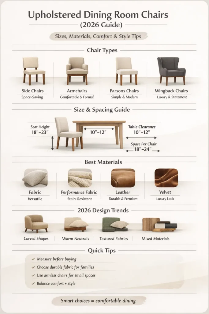 Upholstered dining room chairs infographic showing chair types, size guide, spacing rules, materials, and 2026 design trends.