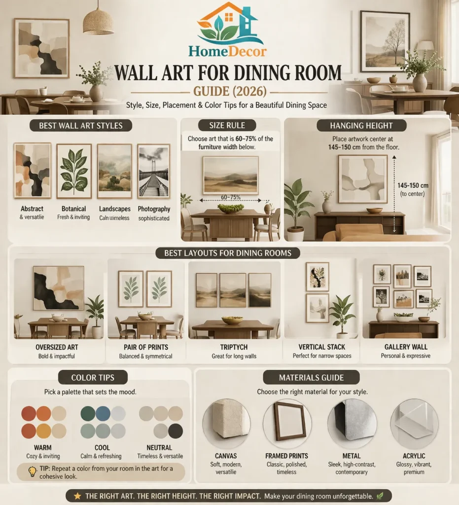  “Modern infographic explaining wall art ideas for dining rooms, including best styles, size guide, hanging height, layout options, color palettes, and material types.”