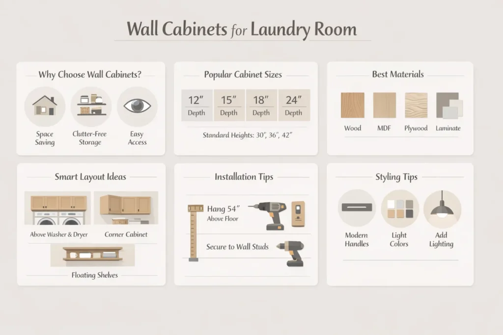 “Laundry room wall cabinets infographic showing cabinet sizes, materials, layout ideas, and installation tips in a modern neutral design.”
