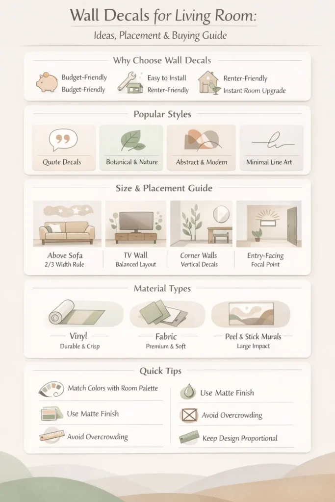 Wall decals for living room infographic showing styles, placement ideas, size guide, materials, and decorating tips for modern interiors.