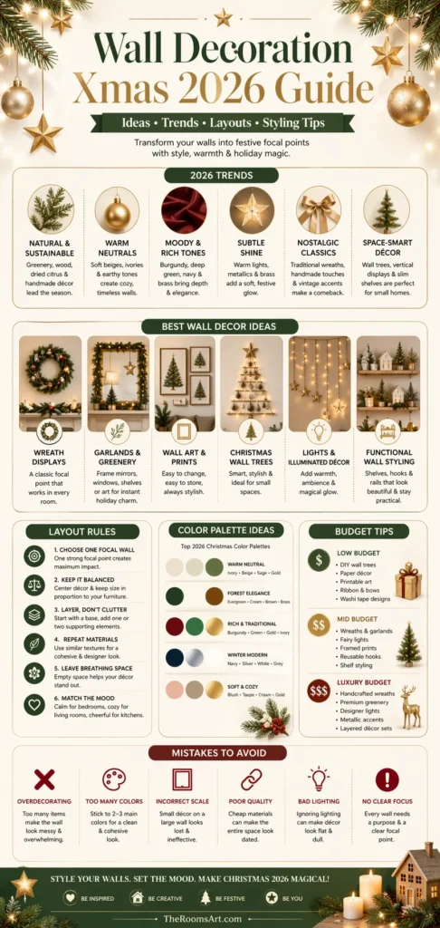 “Wall Decoration Xmas 2026 infographic showing modern trends, color palettes, layout tips, and holiday wall décor ideas.”