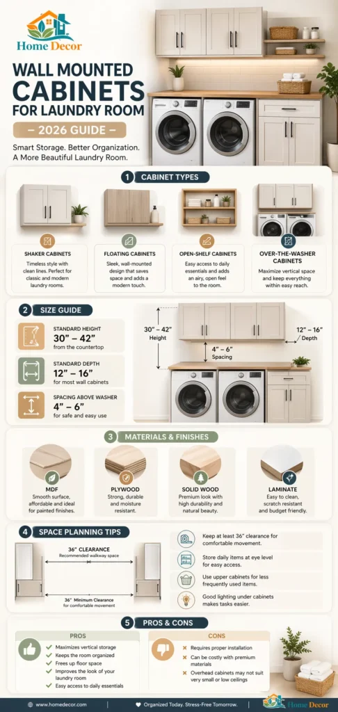“Vertical infographic showing wall-mounted cabinets for laundry room with cabinet types, size guide, materials, space planning tips, and pros and cons in a clean modern layout.”

