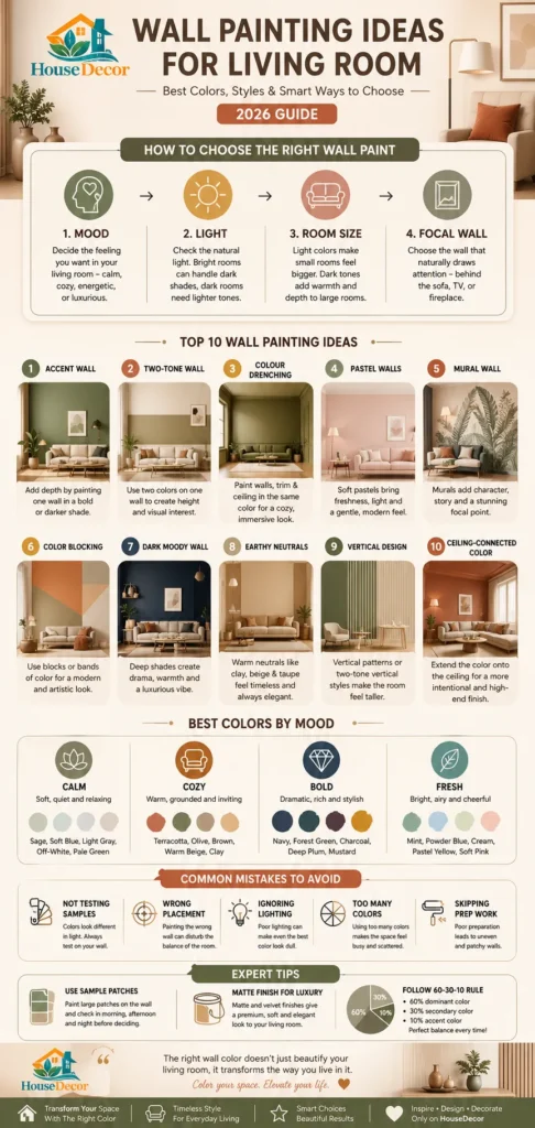  “Modern infographic showing the best wall painting ideas for the living room in 2026, including accent walls, two-tone paint, color blocking, murals, pastel colors, and expert tips for choosing the right paint.”