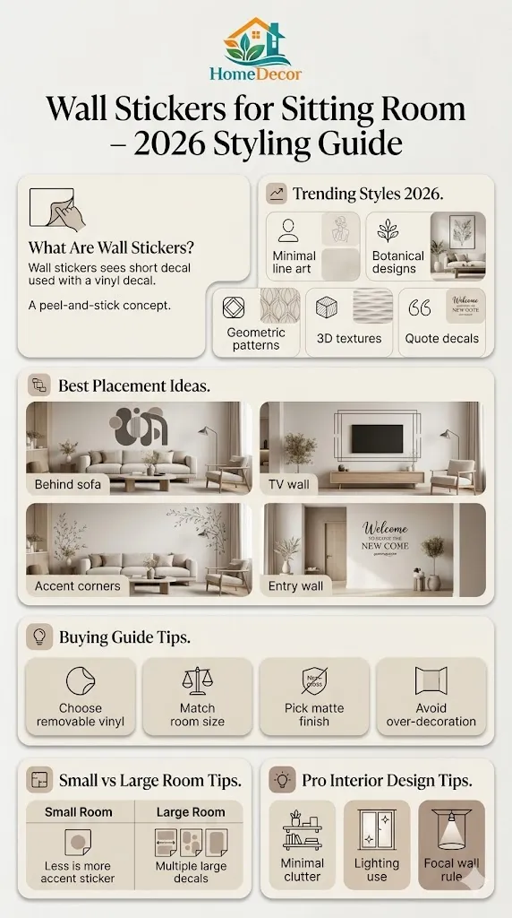 Vertical infographic showing wall stickers for sitting room ideas, including modern styles, placement tips, and 2026 interior design trends for stylish home decoration.
