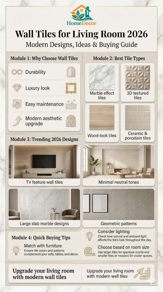 Wall tiles for living room design ideas 2026 showing modern marble, 3D textured, and wooden tile styles for luxury home interiors and feature walls.