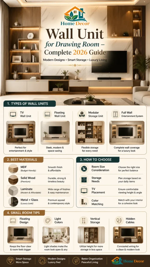  Wall unit for drawing room modern design guide showing TV wall units, floating shelves, storage ideas, and luxury interior styling tips for 2026 homes.