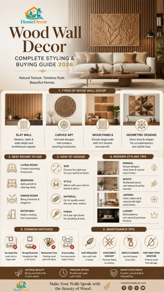 Wood wall decor ideas infographic showing types, styling tips, room placement guide, and modern interior design trends for living rooms and bedrooms in 2026.
