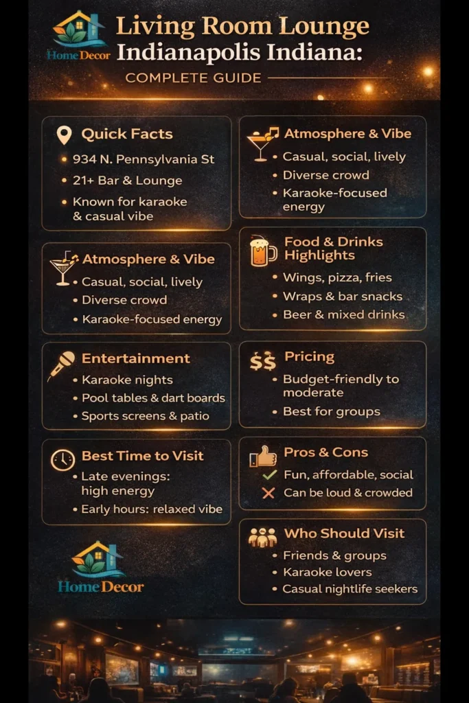 Living Room Lounge, Indianapolis, Indiana, infographic showing vibe, menu highlights, pricing, karaoke, reviews, and the best time to visit the downtown bar
