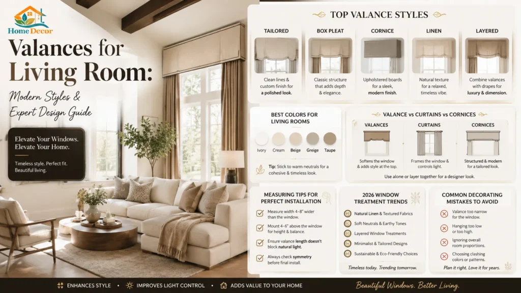 Modern valances for living room windows featuring tailored linen, box pleat, and cornice styles with expert decorating tips, sizing guide, and 2026 interior design trends.