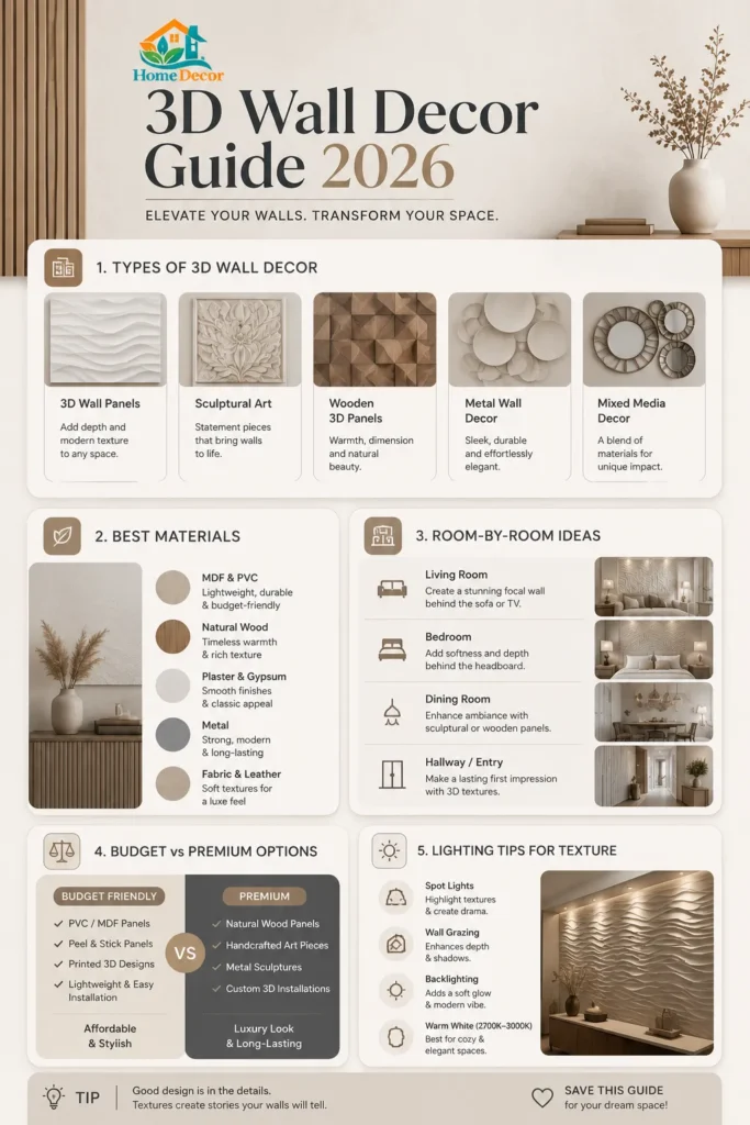 “Modern 2026 infographic showcasing 3D wall decor ideas, materials, styles, and room-by-room design tips in a clean neutral layout.”