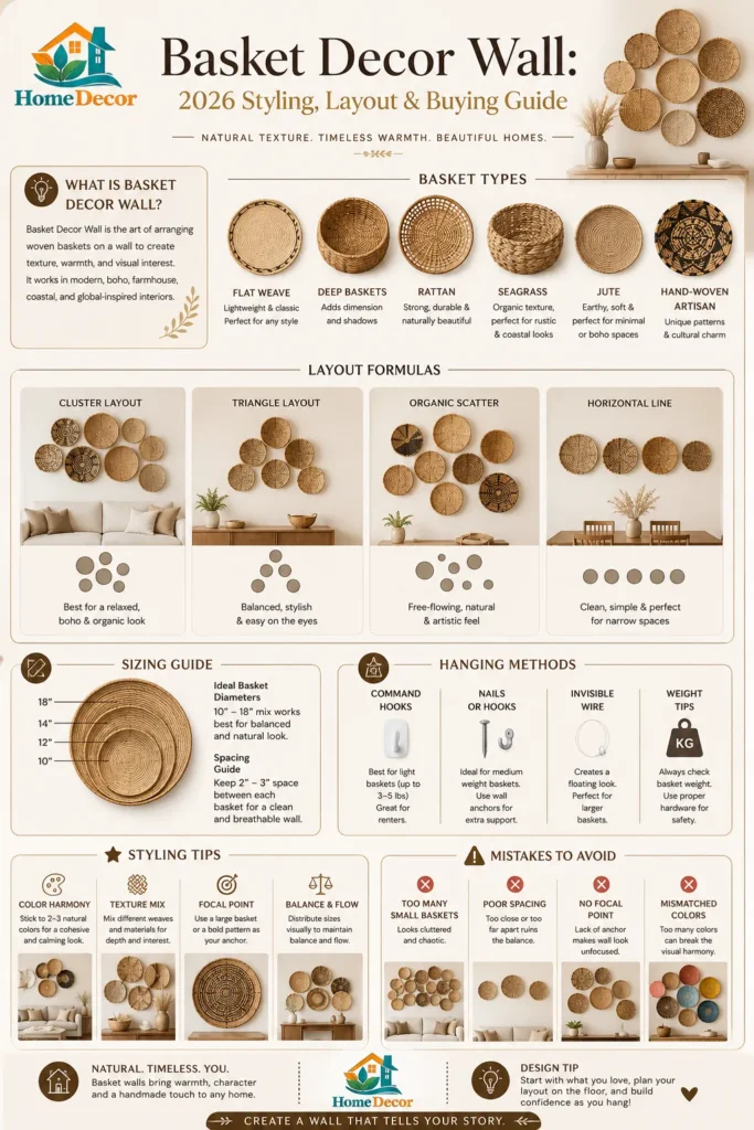 “Infographic showing a modern basket decor wall styling guide with basket types, layout formulas, size tips, and neutral home-decor design ideas.”
