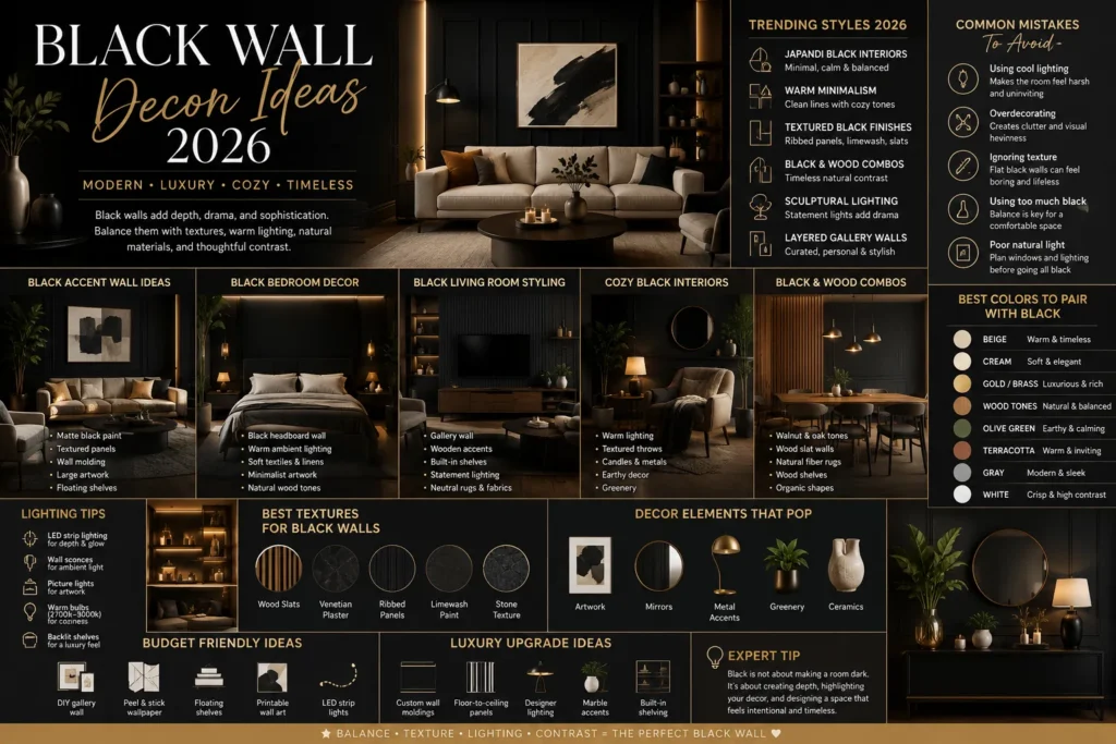 Modern black wall decor infographic showing luxury matte black interiors, gallery walls, warm wood accents, LED lighting, and cozy modern home styling ideas for 2026.