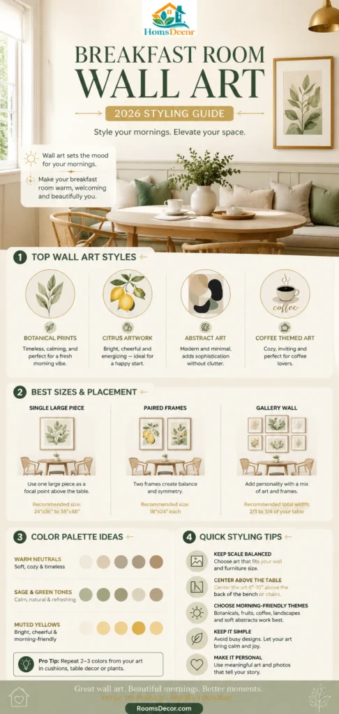 “Vertical infographic showing luxury modern breakfast room wall art ideas with framed prints, sizing tips, color palettes, and styling recommendations in a soft neutral editorial design.”