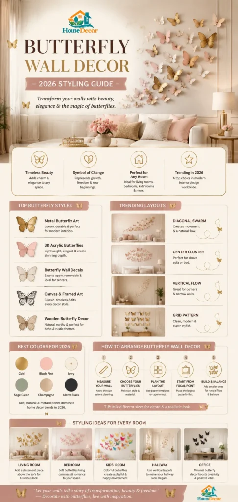 “Luxury modern butterfly wall decor infographic showing 2026 styles, trending layouts, and design tips in a soft neutral interior.”