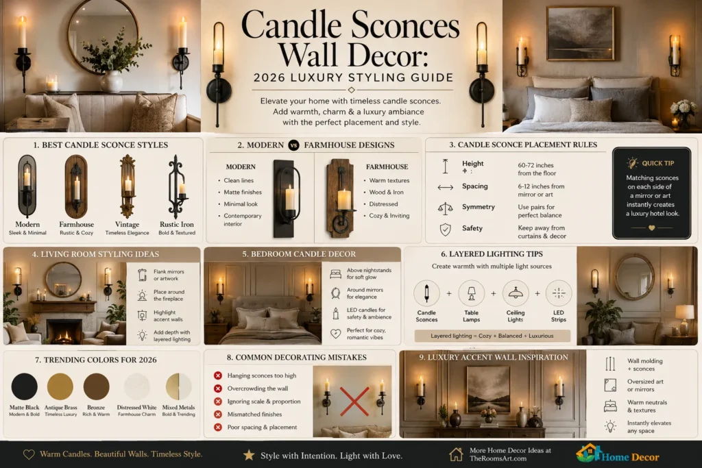 Luxury candle sconces wall decor ideas for modern living rooms featuring layered lighting, mirrors, farmhouse, and contemporary interior styling trends for 2026.