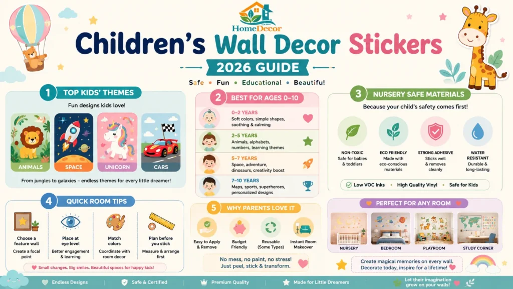 “Infographic showing the 2026 guide to children’s wall decor stickers, including popular themes like animals, space, unicorns, and cars, with nursery-safe materials and room decor tips in soft pastel colors.”