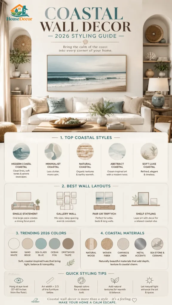 “Luxury-modern vertical infographic showing a contemporary coastal living room with seascape art, natural wood textures, and soft neutral colors. Includes sections for top coastal wall decor styles, layout ideas, trending colors, and materials.”