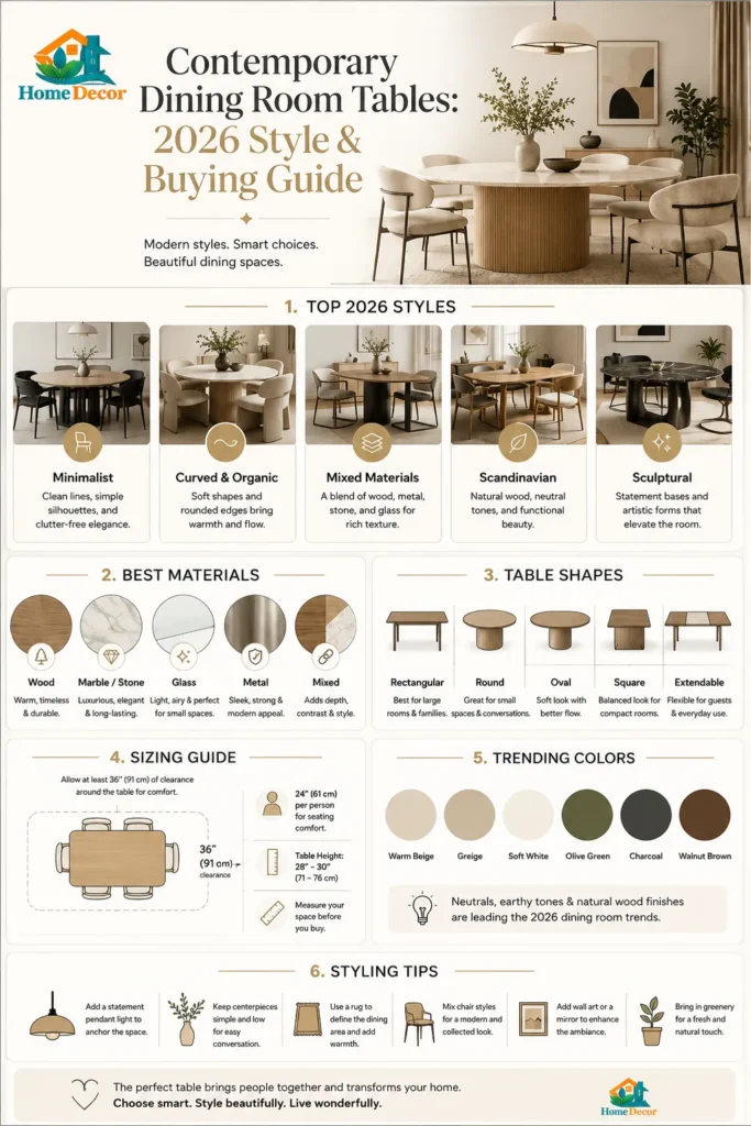 “Infographic showing 2026 contemporary dining room table styles, materials, shapes, and sizing tips in a modern minimalist design.”